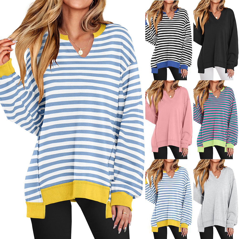Γυναικείο oversized φούτερ με V λαιμόκοψη και μακριά μανίκια, ελαφρύ πουλόβερ