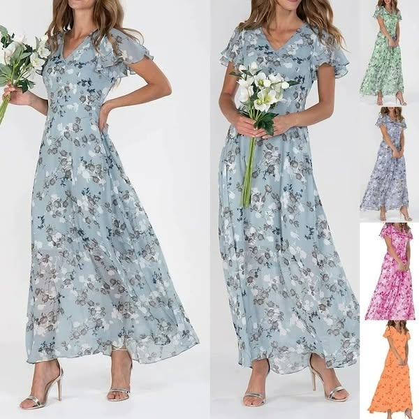 👗Κομψά σιφόν φλοράλ φορέματα με κοντό μανίκι