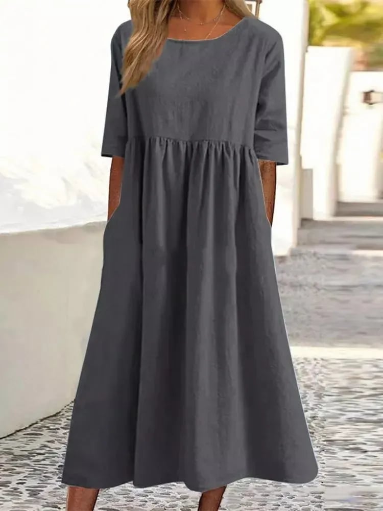【S-5XL】👗Βαμβακερό φόρεμα με στρογγυλή λαιμόκοψη και τσέπες