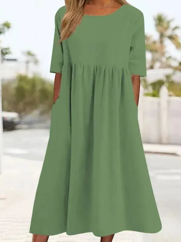 【S-5XL】👗Βαμβακερό φόρεμα με στρογγυλή λαιμόκοψη και τσέπες