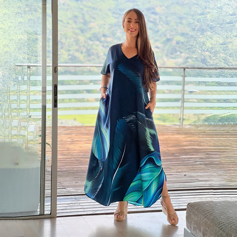 👗 Γυναικείο Μακρύ Φόρεμα με Τύπωμα και V-Λαιμόκοψη