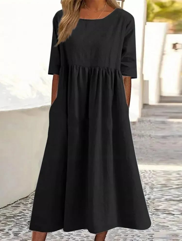 【S-5XL】👗Βαμβακερό φόρεμα με στρογγυλή λαιμόκοψη και τσέπες