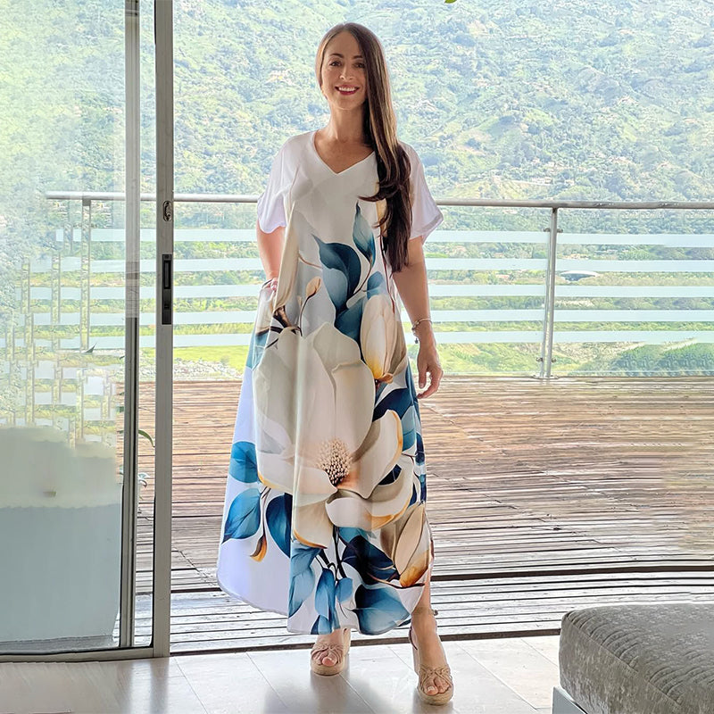 👗 Γυναικείο Μακρύ Φόρεμα με Τύπωμα και V-Λαιμόκοψη