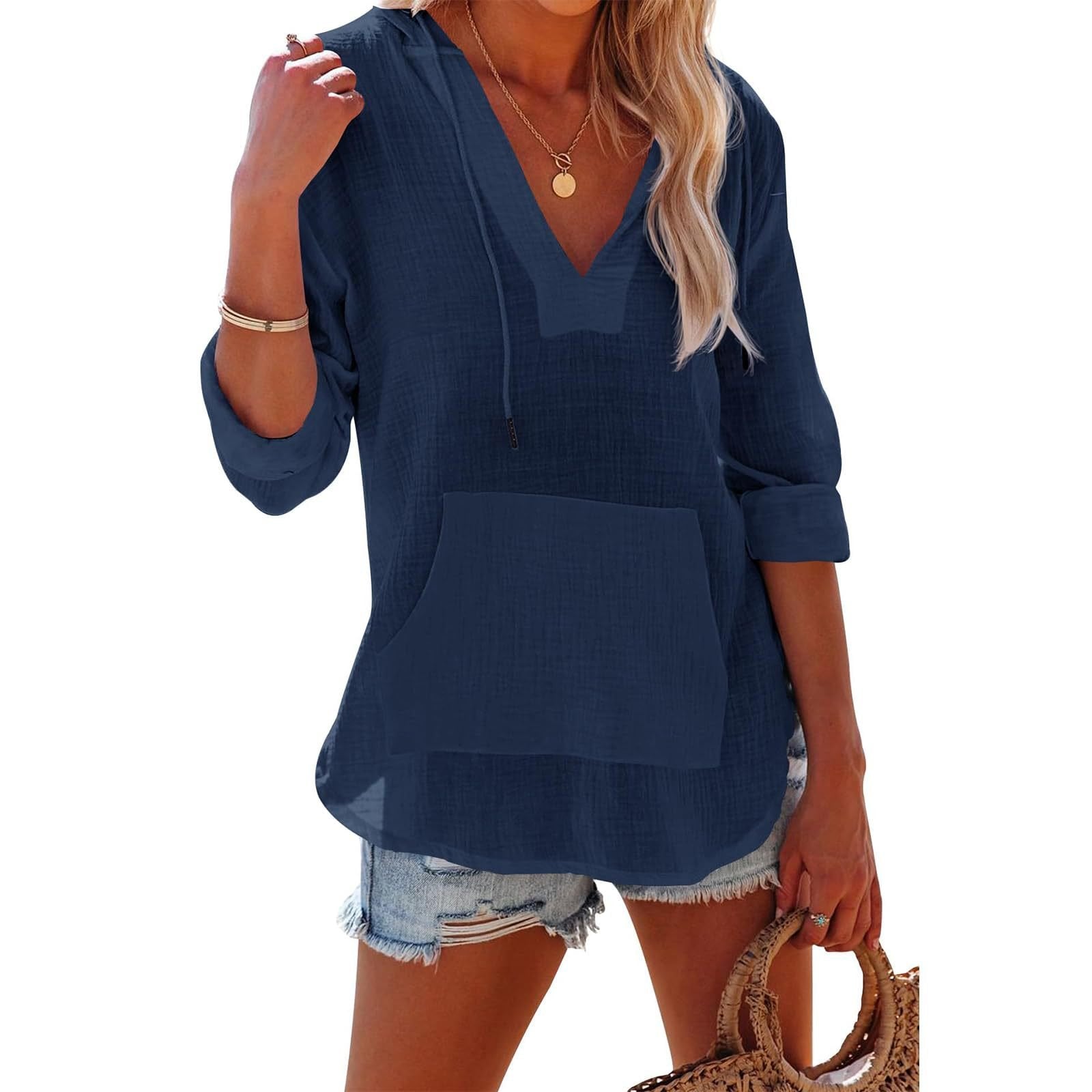 Γυναικείο oversized πουκάμισο παραλίας με κουκούλα και κάλυψη - μακρυμάνικο μπλουζάκι με τσέπη και λαιμόκοψη V