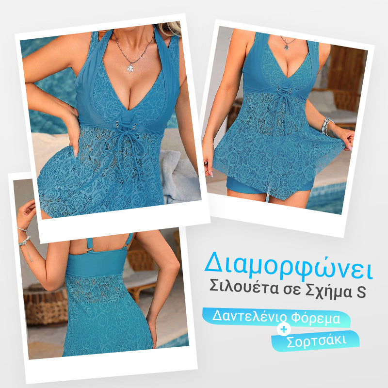 【S-3XL】🩱V-λαιμός μαγιό με δαντέλα σετ δύο τεμαχίων