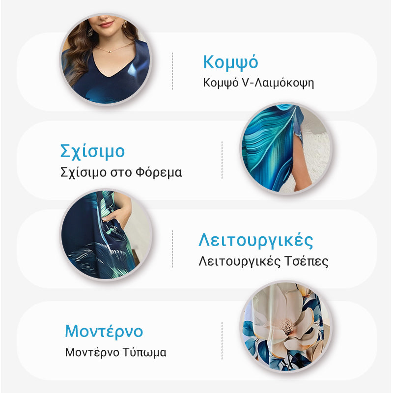 👗 Γυναικείο Μακρύ Φόρεμα με Τύπωμα και V-Λαιμόκοψη