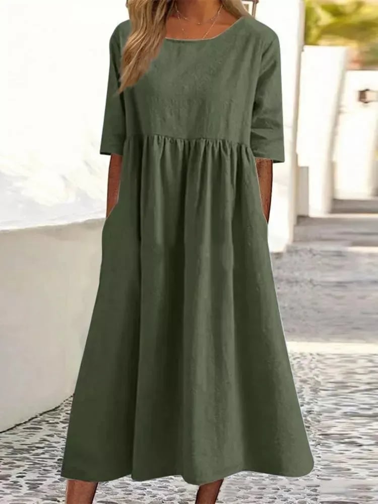 【S-5XL】👗Βαμβακερό φόρεμα με στρογγυλή λαιμόκοψη και τσέπες