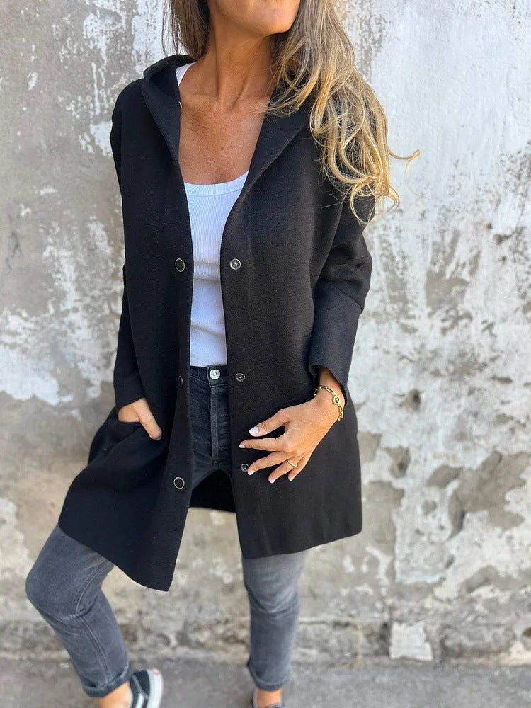 🥰Γυναικείο μονόπετο μπουφάν με κουκούλα, μοντέρνο και άνετο