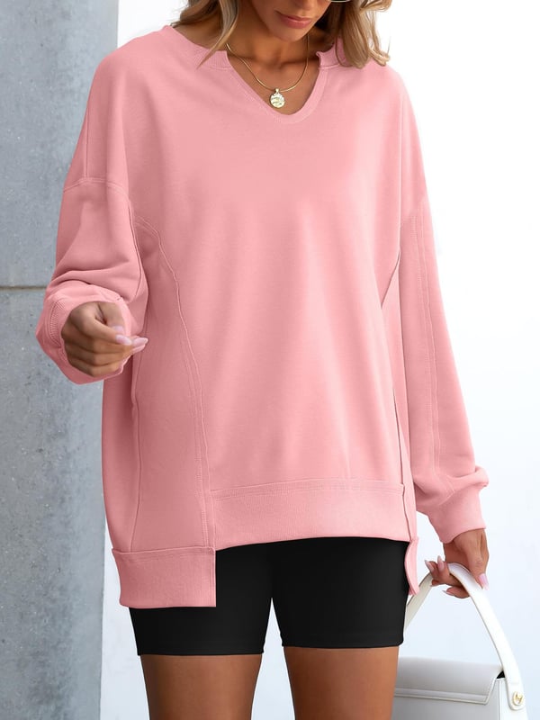 Γυναικείο oversized φούτερ με V λαιμόκοψη και μακριά μανίκια, ελαφρύ πουλόβερ