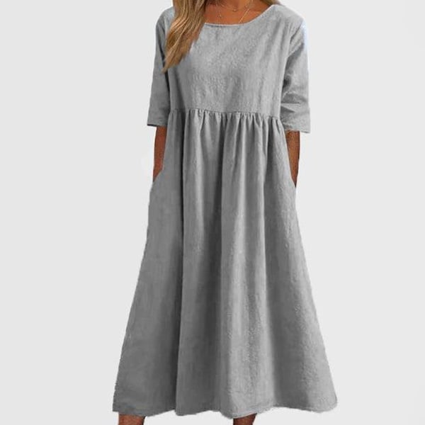 【S-5XL】👗Βαμβακερό φόρεμα με στρογγυλή λαιμόκοψη και τσέπες