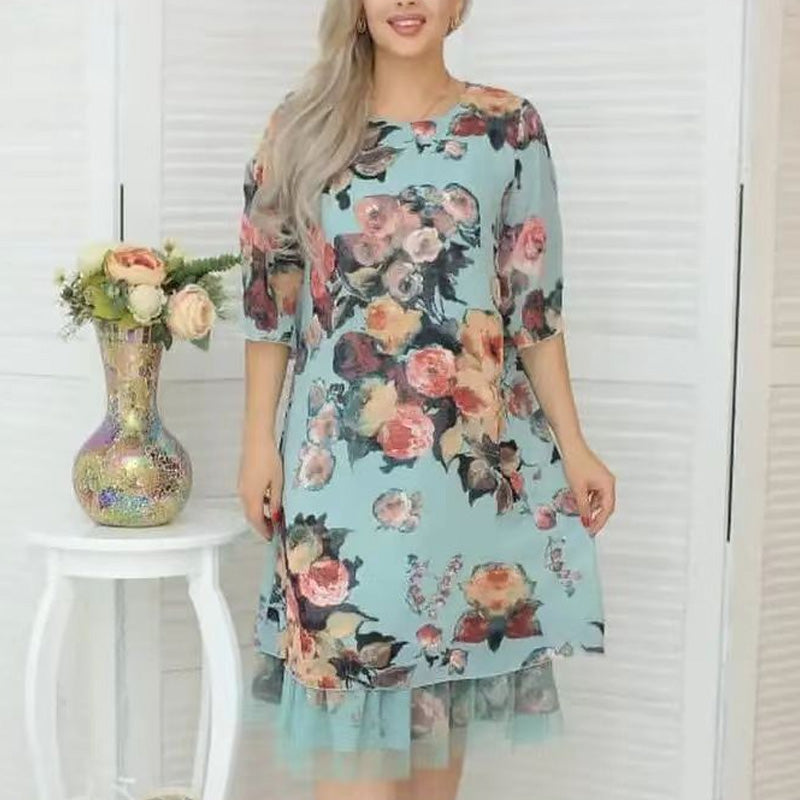 【S-4XL】🌹 Κομψό φαρδύ γυναικείο φόρεμα με εκτύπωση τριαντάφυλλου