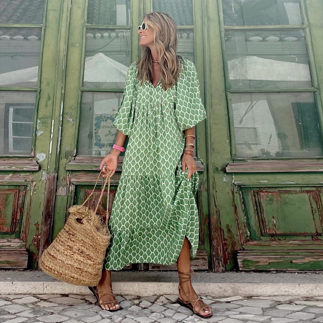 💖 Γυναικεία κομψά flared μανίκι Floral Boho φορέματα