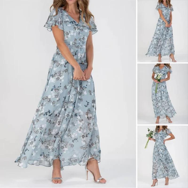 👗Κομψά σιφόν φλοράλ φορέματα με κοντό μανίκι