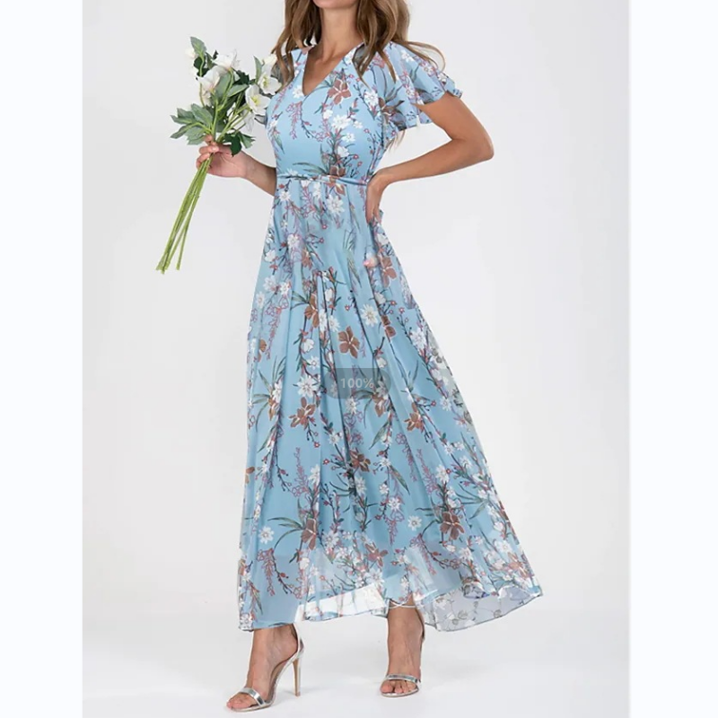 👗Κομψά σιφόν φλοράλ φορέματα με κοντό μανίκι