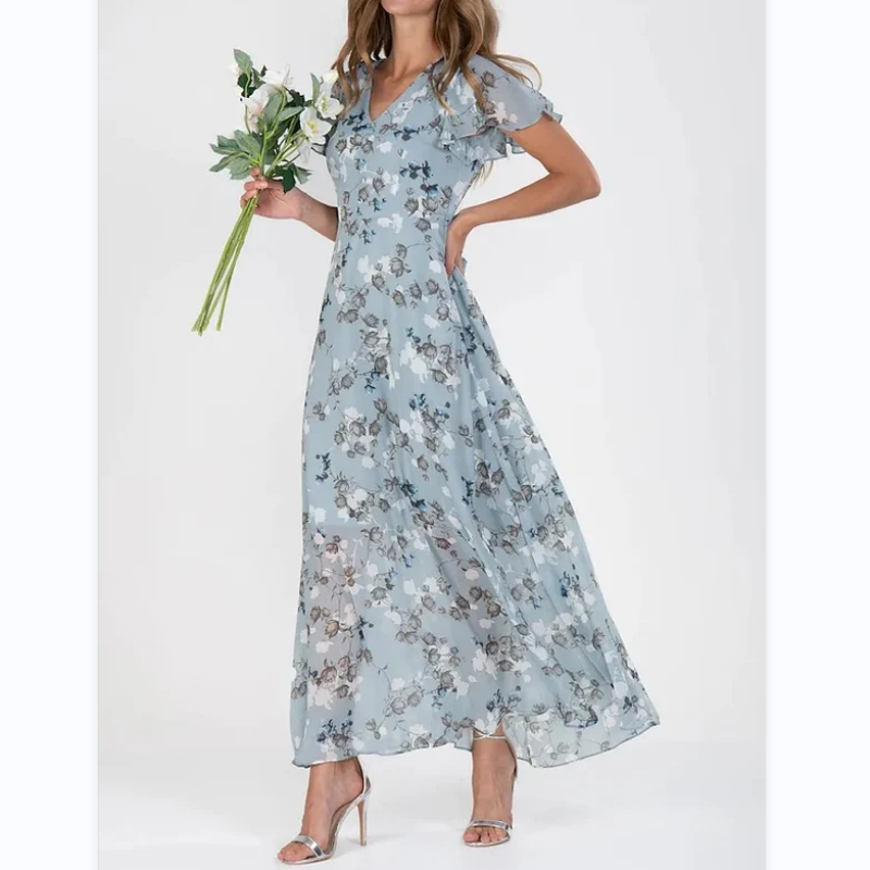 👗Κομψά σιφόν φλοράλ φορέματα με κοντό μανίκι