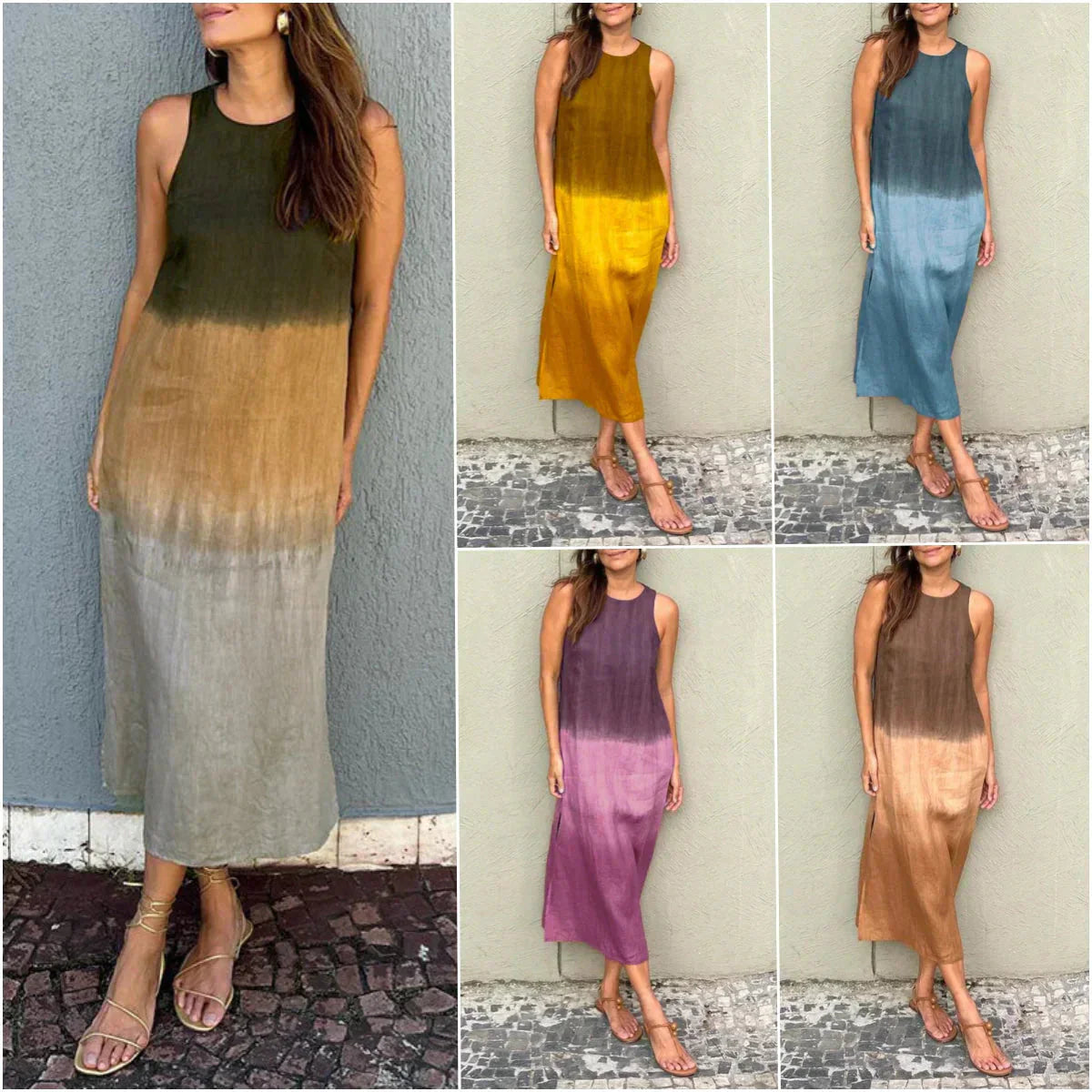🌈 Στρογγυλό λαιμό διαβαθμισμένου χρώματος casual φόρεμα
