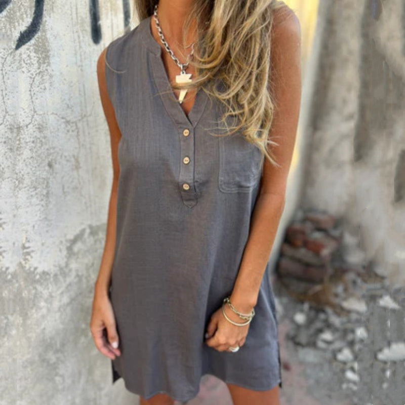 Γυναικείο αμάνικο φόρεμα τσέπης V-Neck με κουμπιά