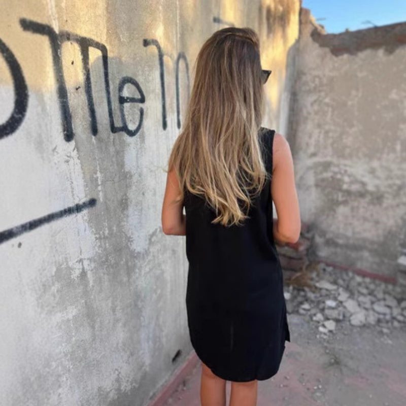 Γυναικείο αμάνικο φόρεμα τσέπης V-Neck με κουμπιά