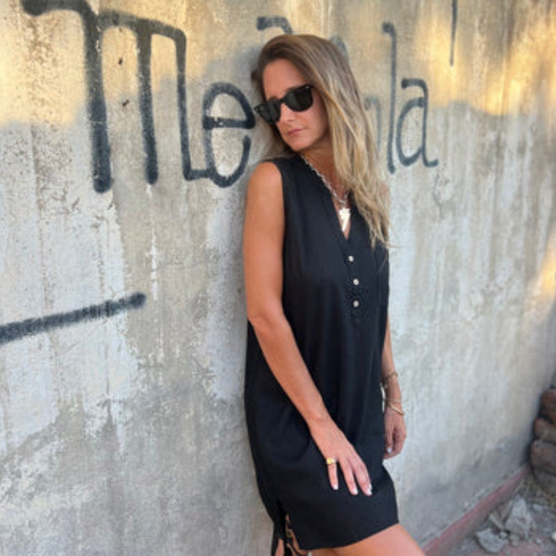 Γυναικείο αμάνικο φόρεμα τσέπης V-Neck με κουμπιά