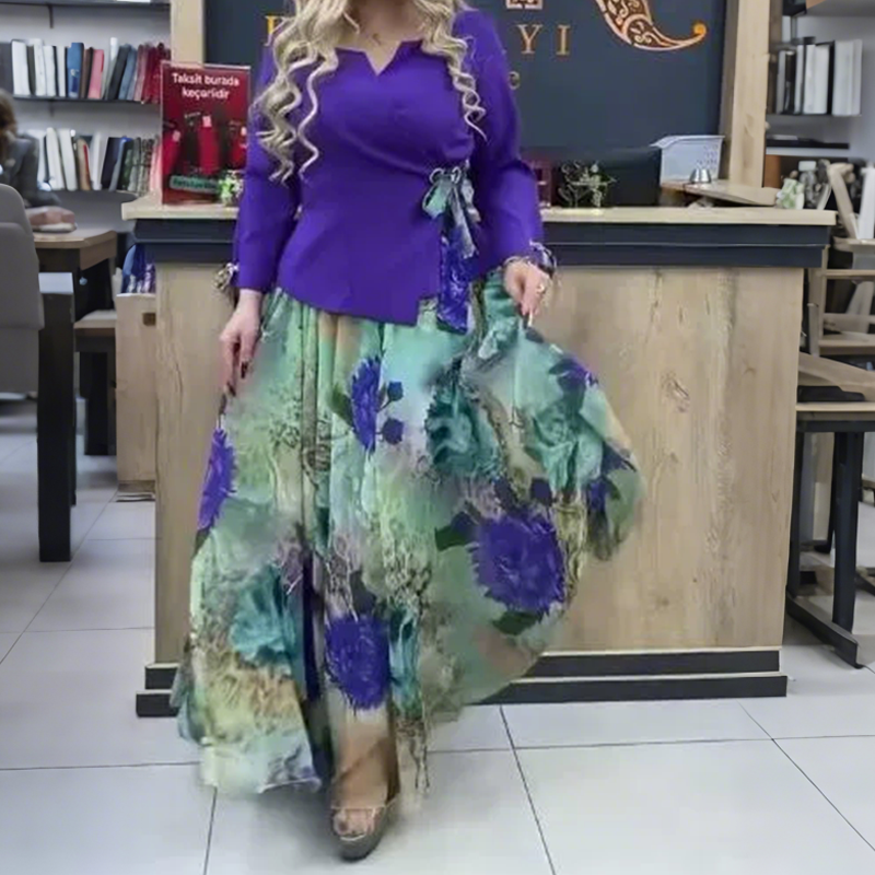💜Κομψό τοπ και φούστα με φλοράλ μοτίβα, σετ δύο τεμαχίων