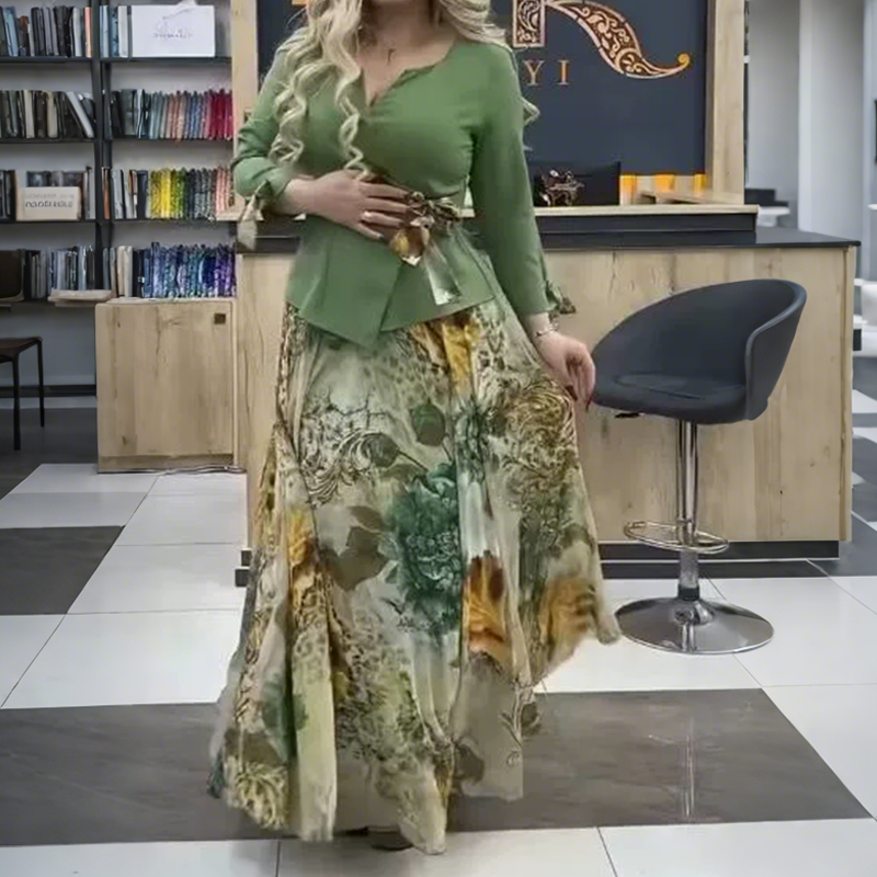 💜Κομψό τοπ και φούστα με φλοράλ μοτίβα, σετ δύο τεμαχίων
