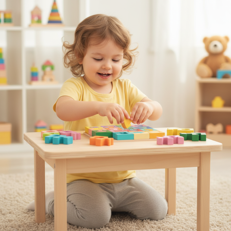 Fából készült geometriai alakhoz illő puzzle kisgyermekek számára